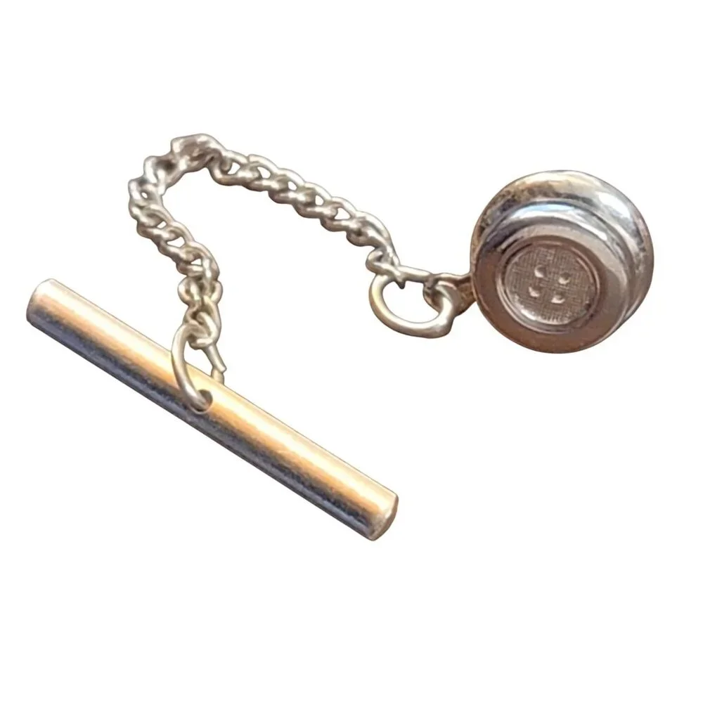 Vintage Swank Gold-Tone Button Style Tie Tack With Chain & Bar